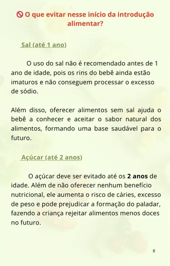 Página do guia sobre o que evitar na introdução alimentar